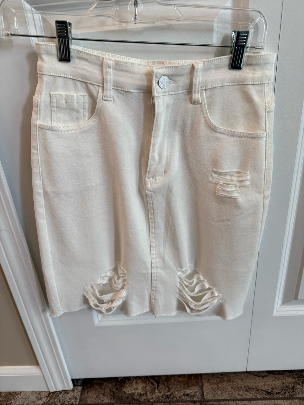 Distressed Cream Denim Mini Skirt - Casual Chic